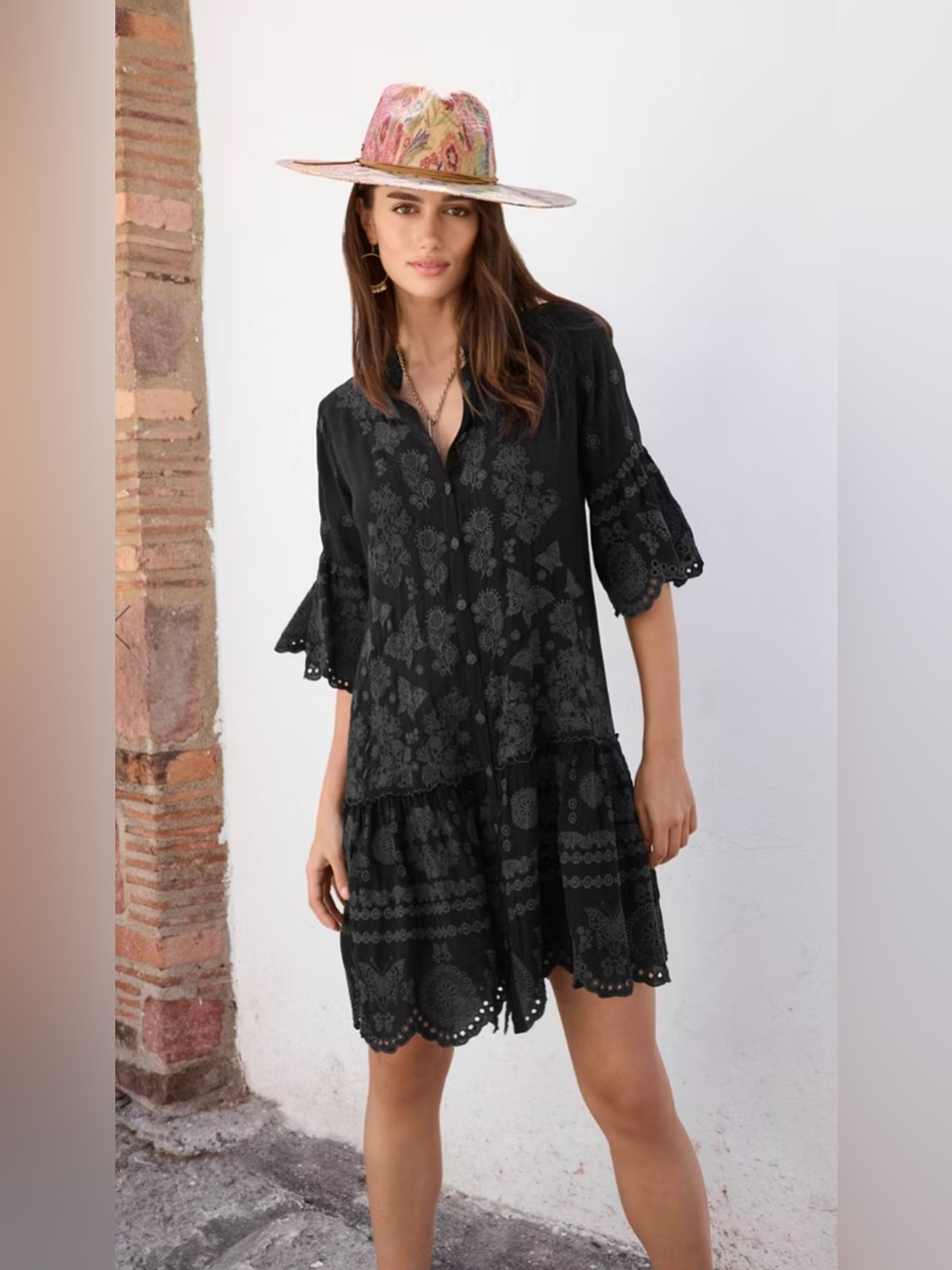 Johnny Was Gracie Dress Black Embroidered Eyelet Cupro Small